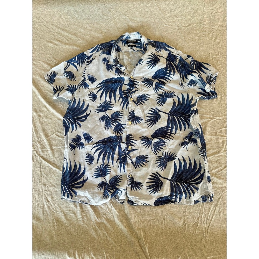 Banana Republic Mens XL Linen Shirt Camden Standard Fit Navy Tropical Palm Print